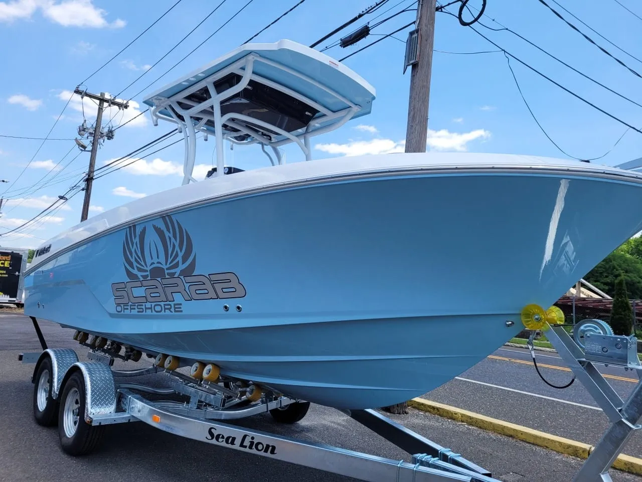 Scarab offshore boat on trailer at Shady River Marina