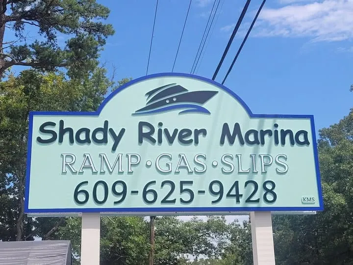 Shady River Marina sign — Ramp · Gas · Slips — 609-625-9428 — Egg Harbor Township NJ