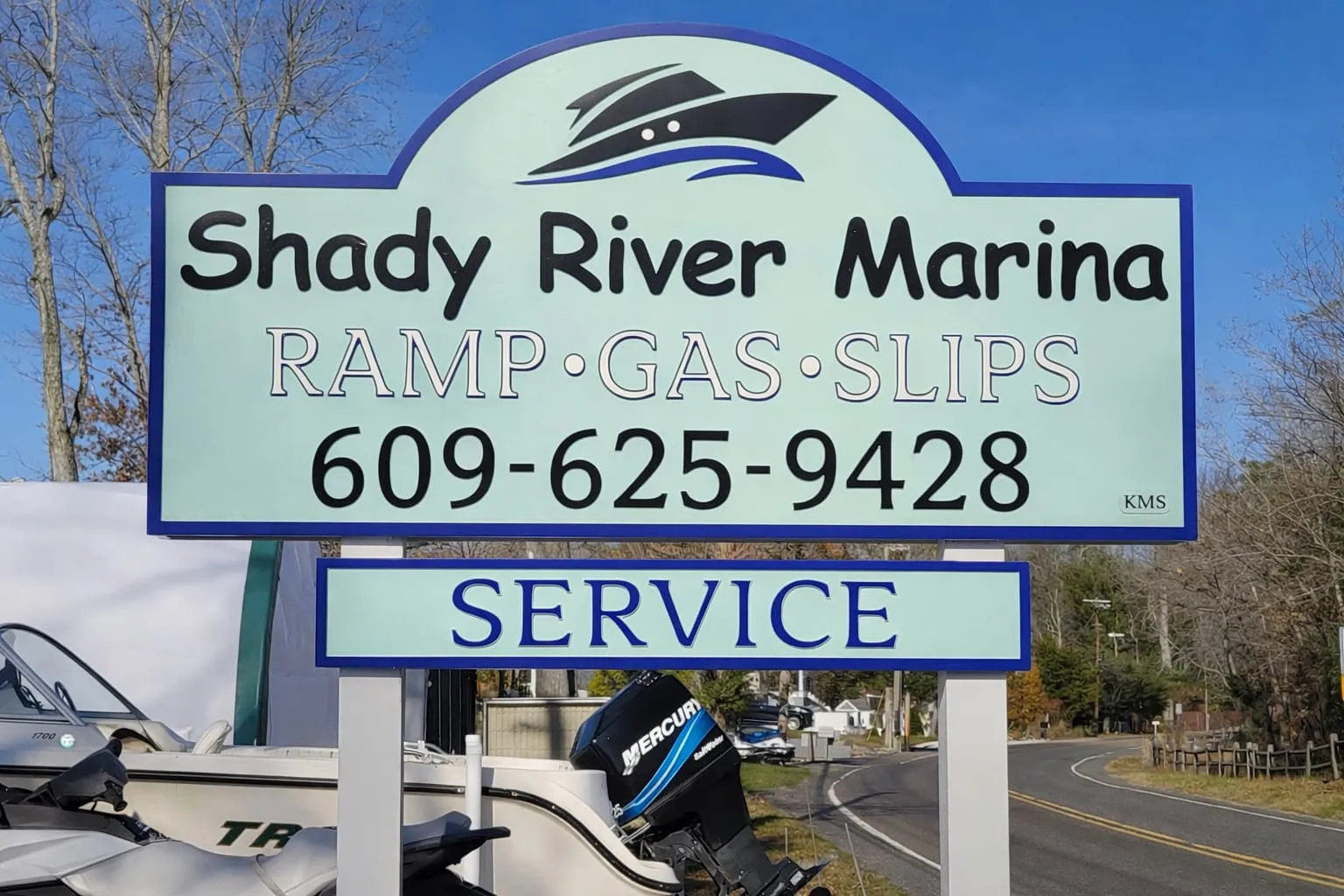 Shady River Marina sign — Ramp, Gas, Slips, Service — 609-625-9428
